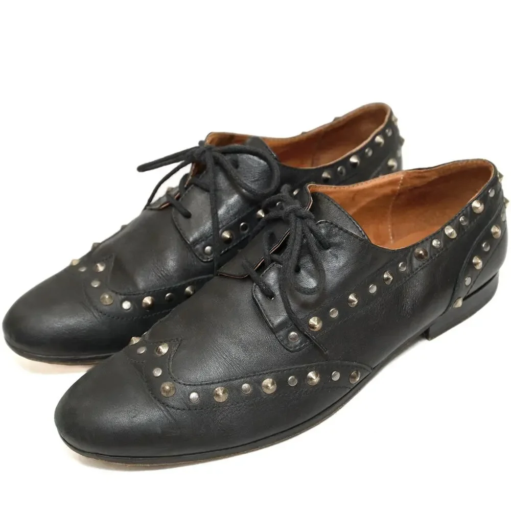 Sandro Black Studded Leather Brogue Oxfords Size 40 US 7